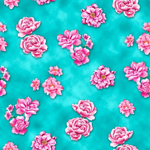 Patrón Flores Acuarela Elementos Tropicales Rosados Fondo Azul Sin Costuras —  Fotos de Stock