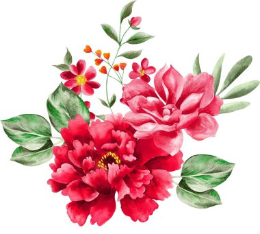 Watercolor Bouquet of flowers, isolated, white background, red roses and green leaves