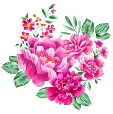 Watercolor Bouquet of flowers, isolated, white background, pink roses and green leaves