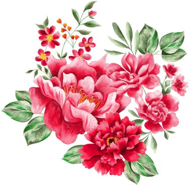 Watercolor Bouquet of flowers, isolated, white background, red roses and green leaves