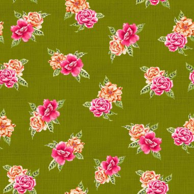 Watercolor flowers pattern, pink and yellow tropical elements, green leaves, green background, seamless