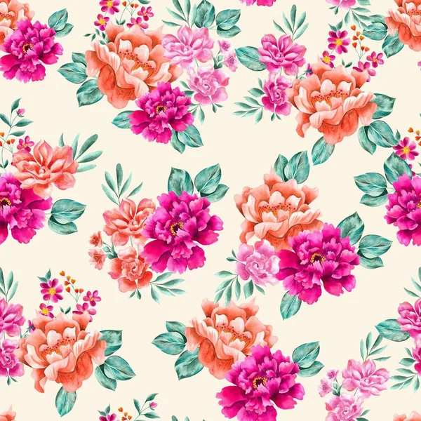 Watercolor Flowers Pattern Pink Yellow Tropical Elements Green Leaves White — Stock Photo, Image