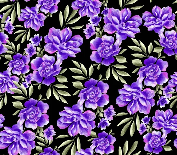 Watercolor Flowers Pattern Purple Tropical Elements Green Leaves Black Background — Stockfoto