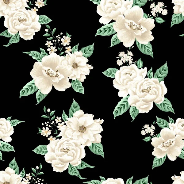 Watercolor flowers pattern, white tropical elements, green leaves, black background, seamless