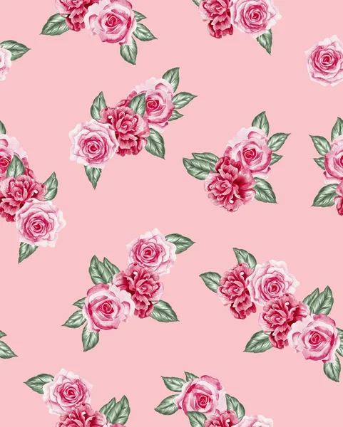 Watercolor Flowers Pattern Red Tropical Elements Green Leaves Pink Background — Stockfoto
