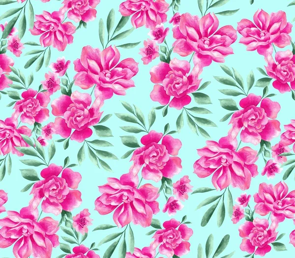 Watercolor Flowers Pattern Pink Tropical Elements Green Leaves Blue Background — Stok fotoğraf