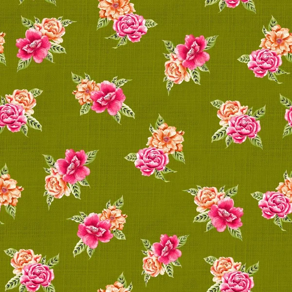Watercolor Flowers Pattern Pink Yellow Tropical Elements Green Leaves Green — Stockfoto