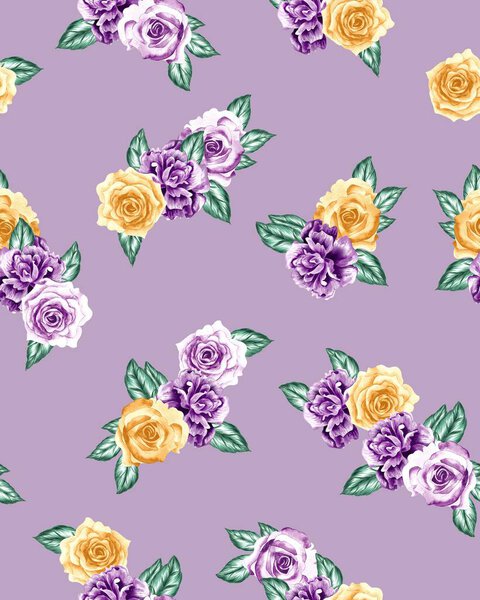 Watercolor flowers pattern, yellow and purple tropical elements, green leaves, purple background, seamless