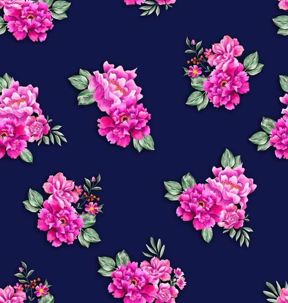Watercolor Flowers Pattern Pink Tropical Elements Green Leaves Navy Blue — Stock Photo, Image