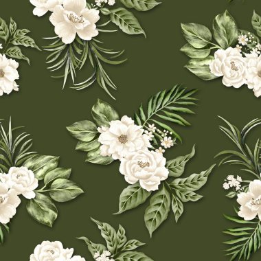 Watercolor flowers pattern, white tropical elements, green leaves, green background, seamless