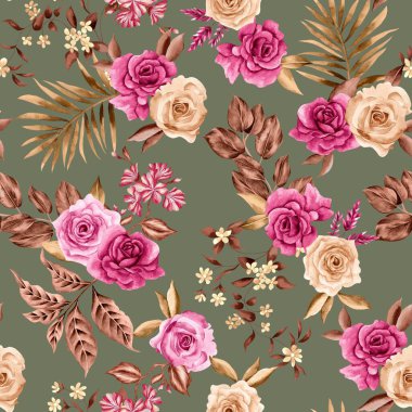 Watercolor flowers pattern, pink and yellow tropical elements, green leaves, green background, seamless