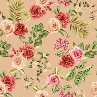 Watercolor flowers pattern, red tropical elements, green leaves, gold background, seamless