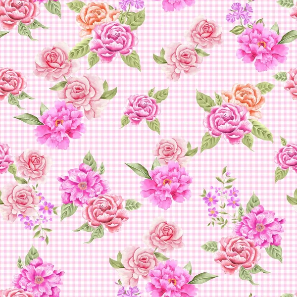 Akvarell Virágok Minta Rózsaszín Narancssárga Trópusi Elemek Zöld Levelek Rózsaszín — Stock Fotó