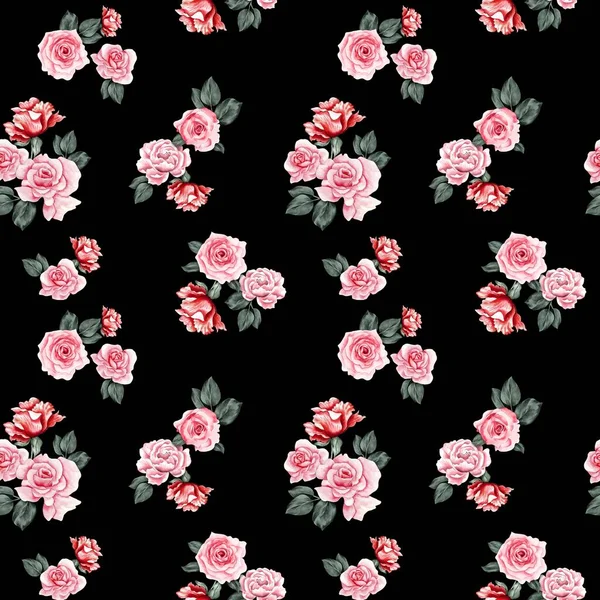 Watercolor Flowers Pattern Red Tropical Elements Green Leaves Black Background — Stok fotoğraf