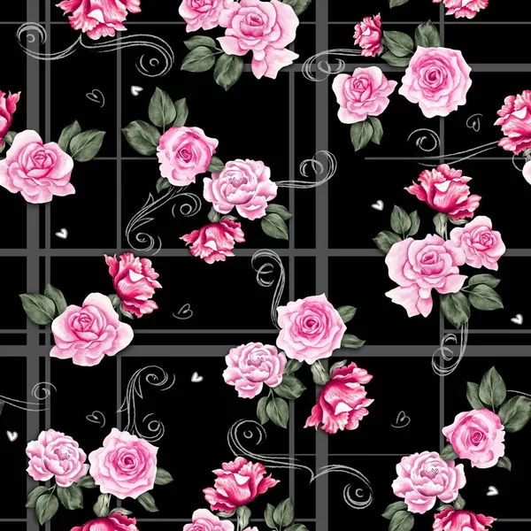 Akvarel Květiny Vzor Růžové Růže Zelené Listy Černé Kostkované Pozadí — Stock fotografie