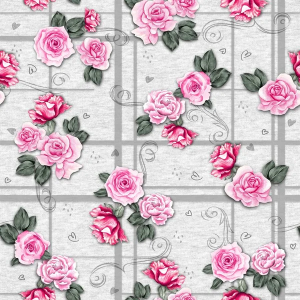 Watercolor Flowers Pattern Pink Roses Green Leaves Gray Plaid Background — Stock Photo, Image