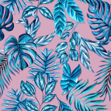 Watercolor leaves pattern, blue  foliage, pink background, seamless