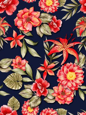 Watercolor flowers pattern, red tropical elements, green leaves, navy blue background, seamless