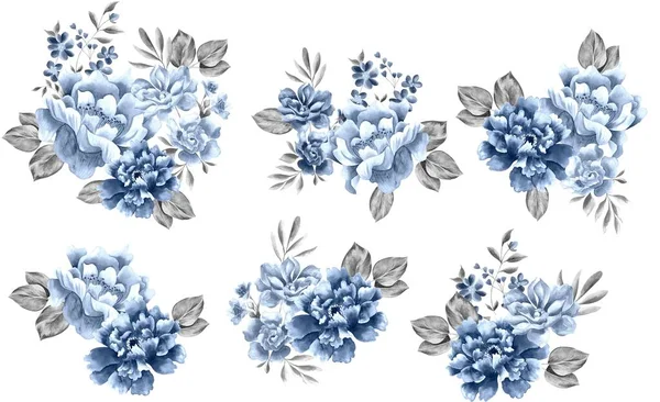 水彩缤纷的花束 孤立的白色背景 蓝色的玫瑰和灰色的叶子 — 图库照片