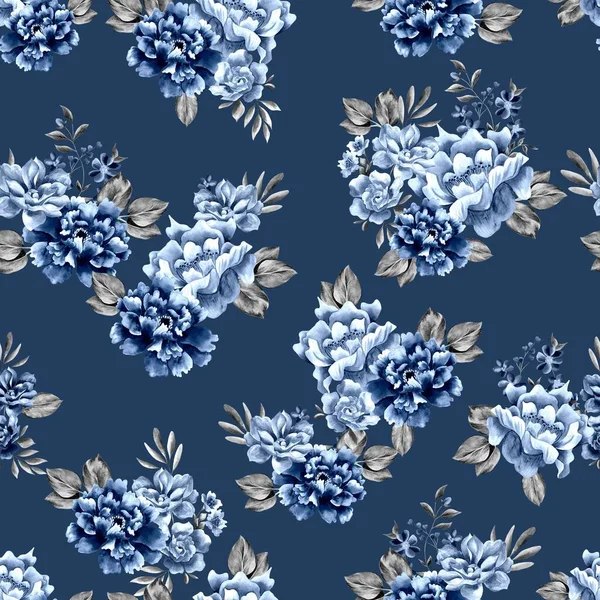 Watercolor Flowers Pattern Blue Tropical Elements Gray Leaves Navy Blue — Stock Photo, Image