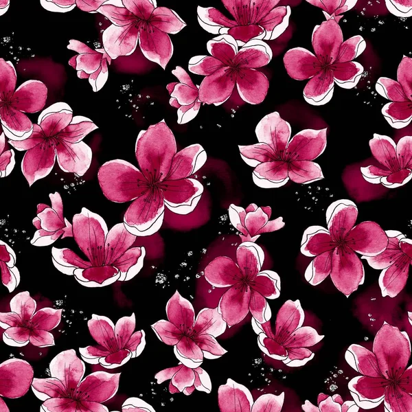 水彩花图案 粉色热带元素 黑色背景 — 图库照片