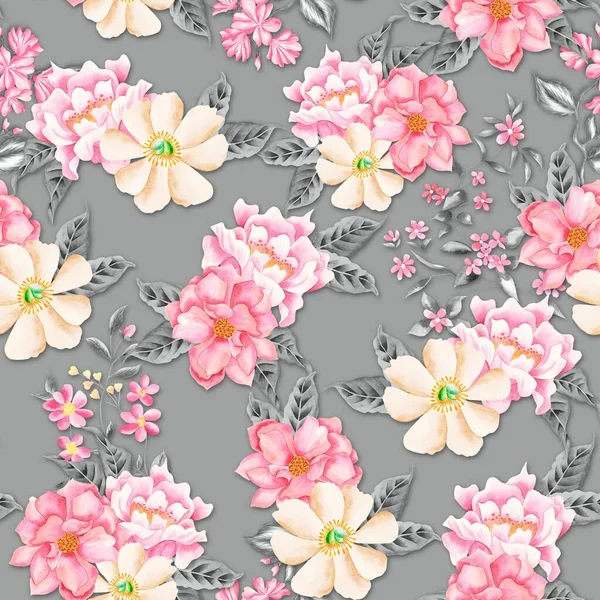 Akvarell Virágok Minta Rózsaszín Sárga Trópusi Elemek Szürke Levelek Szürke — Stock Fotó
