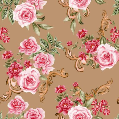 Suluboya çiçek desenleri, kırmızı tropikal elementler, yeşil yapraklar, altın süsler, nautral arkaplan, pürüzsüz