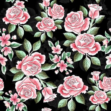 Watercolor flowers pattern, red tropical elements, green leaves, black background, seamless