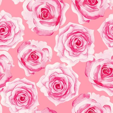 Watercolor flowers pattern, red tropical elements, green leaves, pink background, seamless
