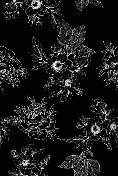 Akvarel Květiny Vzor Černé Ite Tropické Prvky Listy Černé Pozadí — Stock fotografie