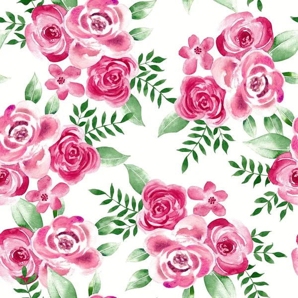 Watercolor Flowers Pattern Red Tropical Elements Green Leaves White Background — 图库照片