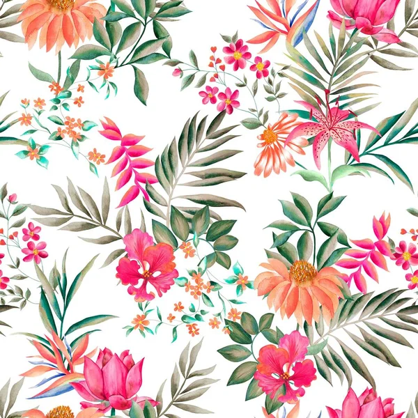 Watercolor Flowers Pattern Red Tropical Elements Green Leaves White Background — Stok fotoğraf