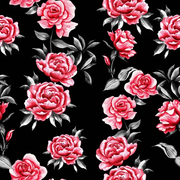 Watercolor Flowers Pattern Red Tropical Elements Green Leaves Black Background — Stockfoto