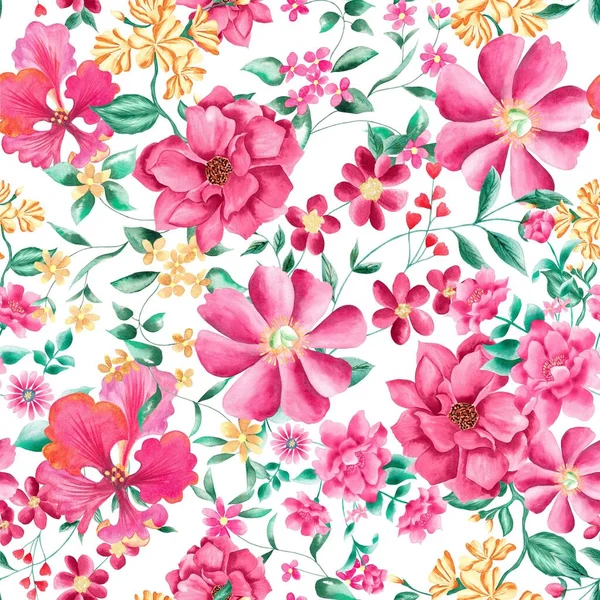 Watercolor Flowers Pattern Pink Tropical Elements Green Leaves White Background — Stok fotoğraf