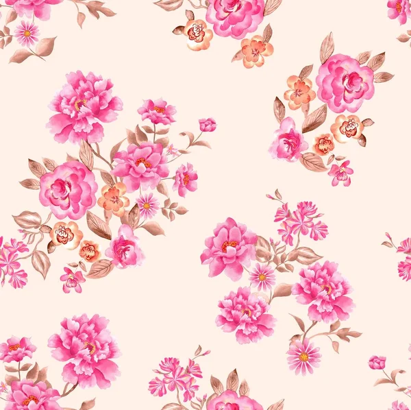 Akvarell Blommor Mönster Rosa Tropiska Element Bruna Blad Gyllene Bakgrund — Stockfoto