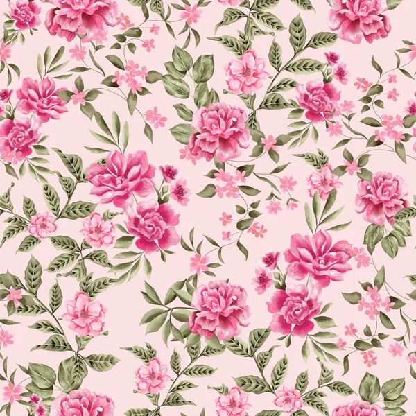 Watercolor Flowers Pattern Pink Tropical Elements Green Leaves Pink Background — 图库照片