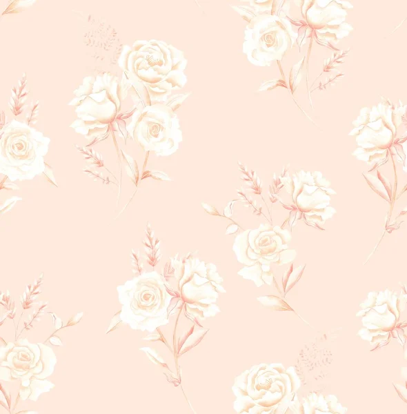 Aquarell Blumenmuster Neutraler Rosenstrauß Blätter Goldener Hintergrund Nahtlos — Stockfoto
