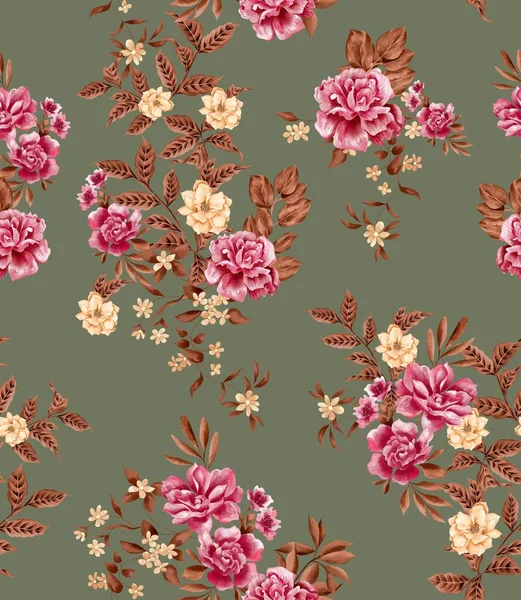 Aquarell Blumenmuster Neutraler Rosenstrauß Blätter Goldener Hintergrund Nahtlos — Stockfoto