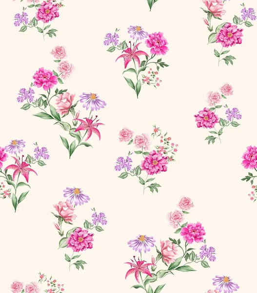 Watercolor flowers pattern, pink and purple tropical elements, green leaves, gold background, seamless