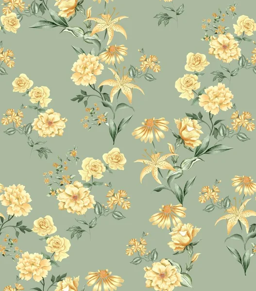 Watercolor Flowers Pattern Yellow Tropical Elements Green Leaves Green Background — Stockfoto