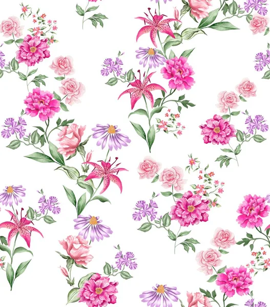 Watercolor flowers pattern, pink and purple tropical elements, green leaves, white background, seamless