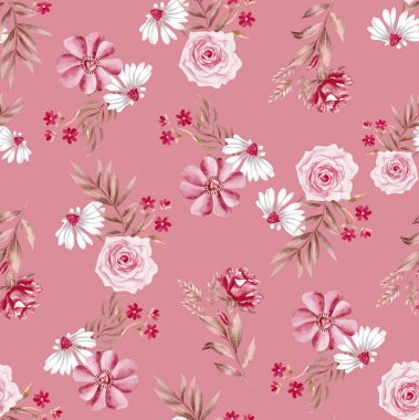 Suluboya çiçek deseni, kırmızı ve beyaz tropikal elementler, yeşil yapraklar, kırmızı arkaplan, pürüzsüz