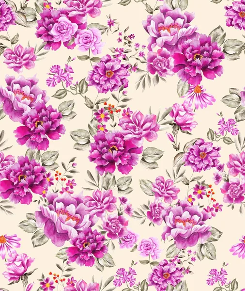 Watercolor Flowers Pattern Pink Tropical Elements Green Leaves Golden Background — Stok fotoğraf