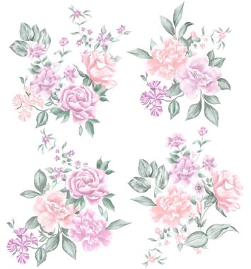Watercolor Bouquet of flowers, isolated, white background, pink roses and green leaves