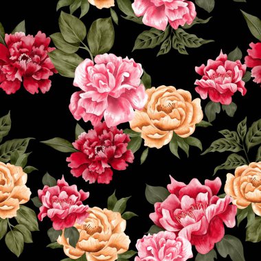 Watercolor flowers pattern, red and yellow tropical elements, green leaves, black background, seamless