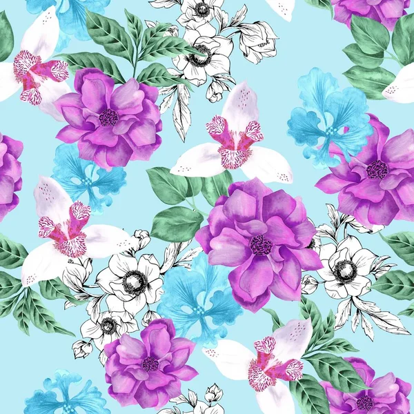 Watercolor flowers pattern, purple and white tropical elements, green leaves, blue background, seamless