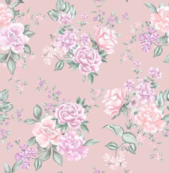 Watercolor Flowers Pattern Neutral Tropical Elements Green Leaves Pink Background — Stock Photo, Image