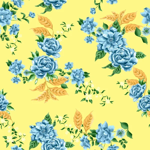 水彩花图案 蓝色热带元素 绿色和金色叶子 黄色背景 — 图库照片