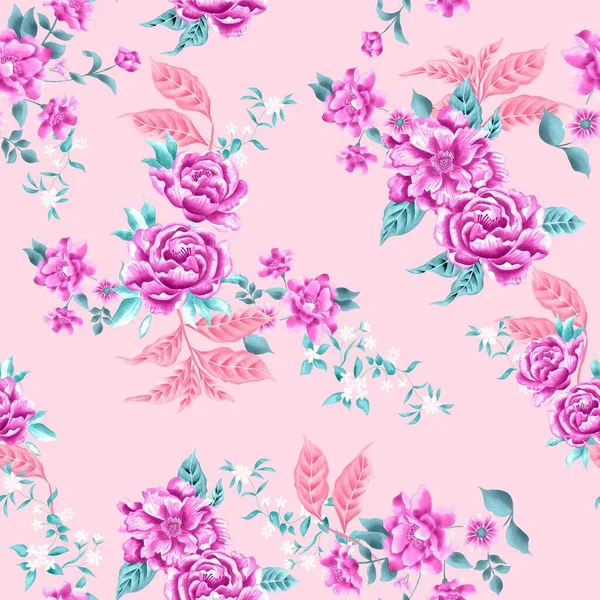 Watercolor Flowers Pattern Pink Tropical Elements Green Leaves Pink Background — Stok fotoğraf