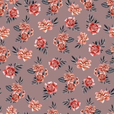Suluboya çiçek deseni, kırmızı tropikal elementler, gri yapraklar, nautral arkaplan, pürüzsüz